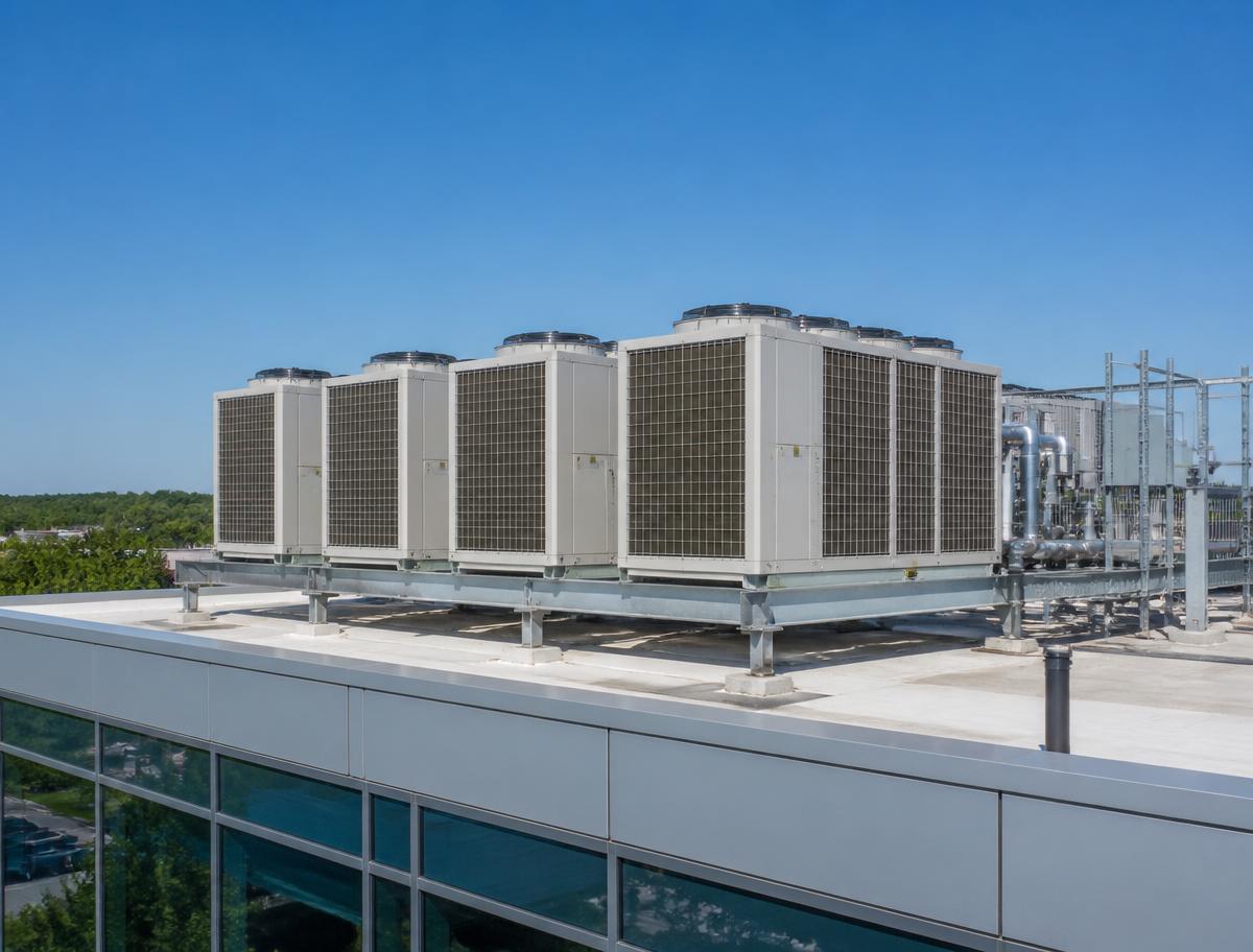 Bank of commercial air conditioning condensers on an office rooftop