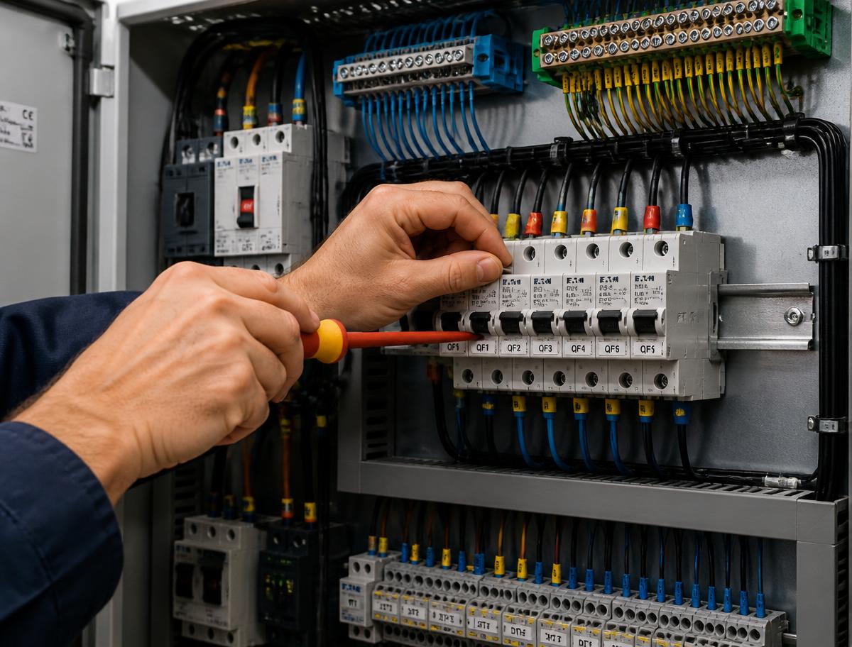 Electrician working on breakers inside an industrial distribution board