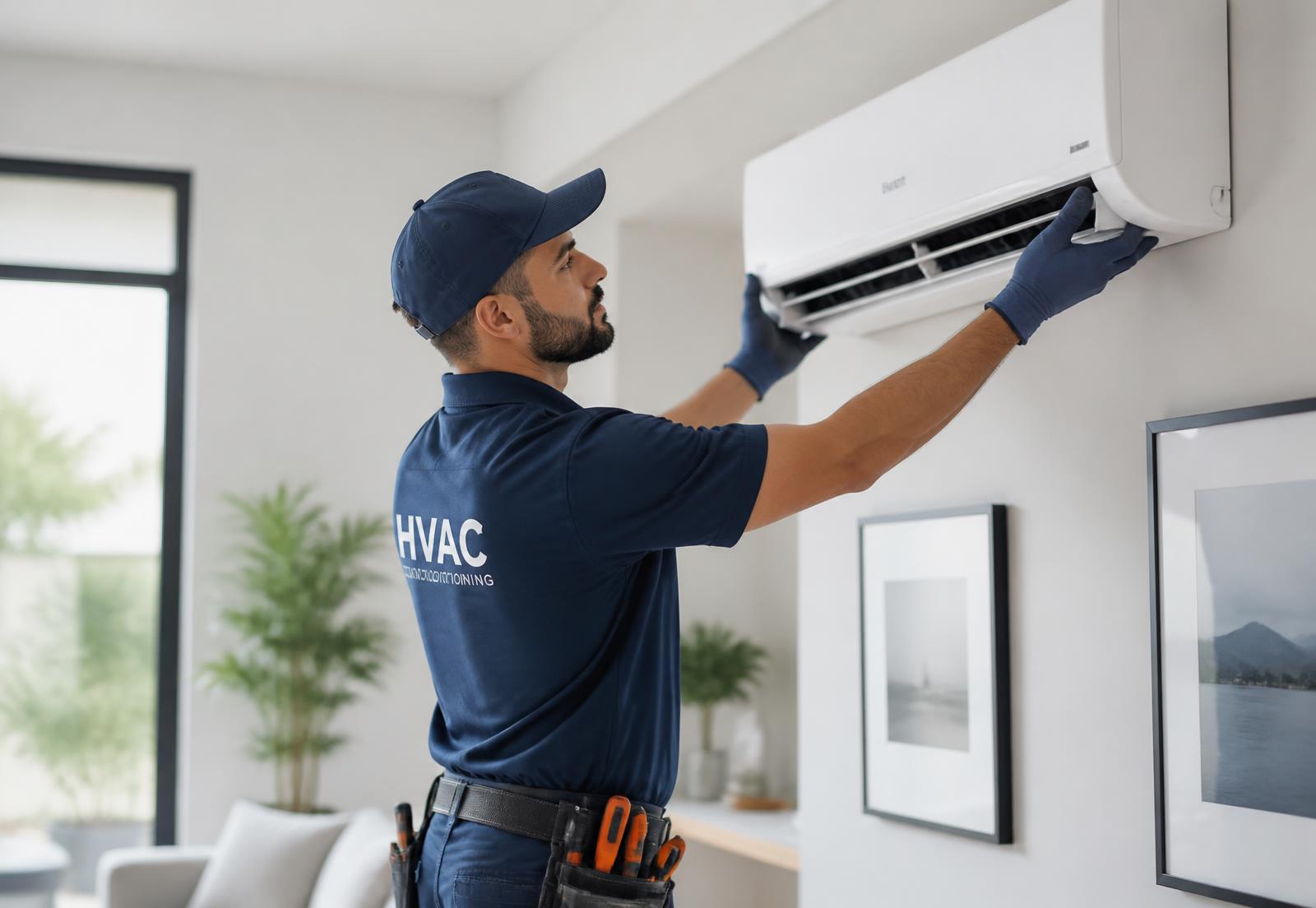 Iceage technician installing a wall-mounted split air conditioner in a home