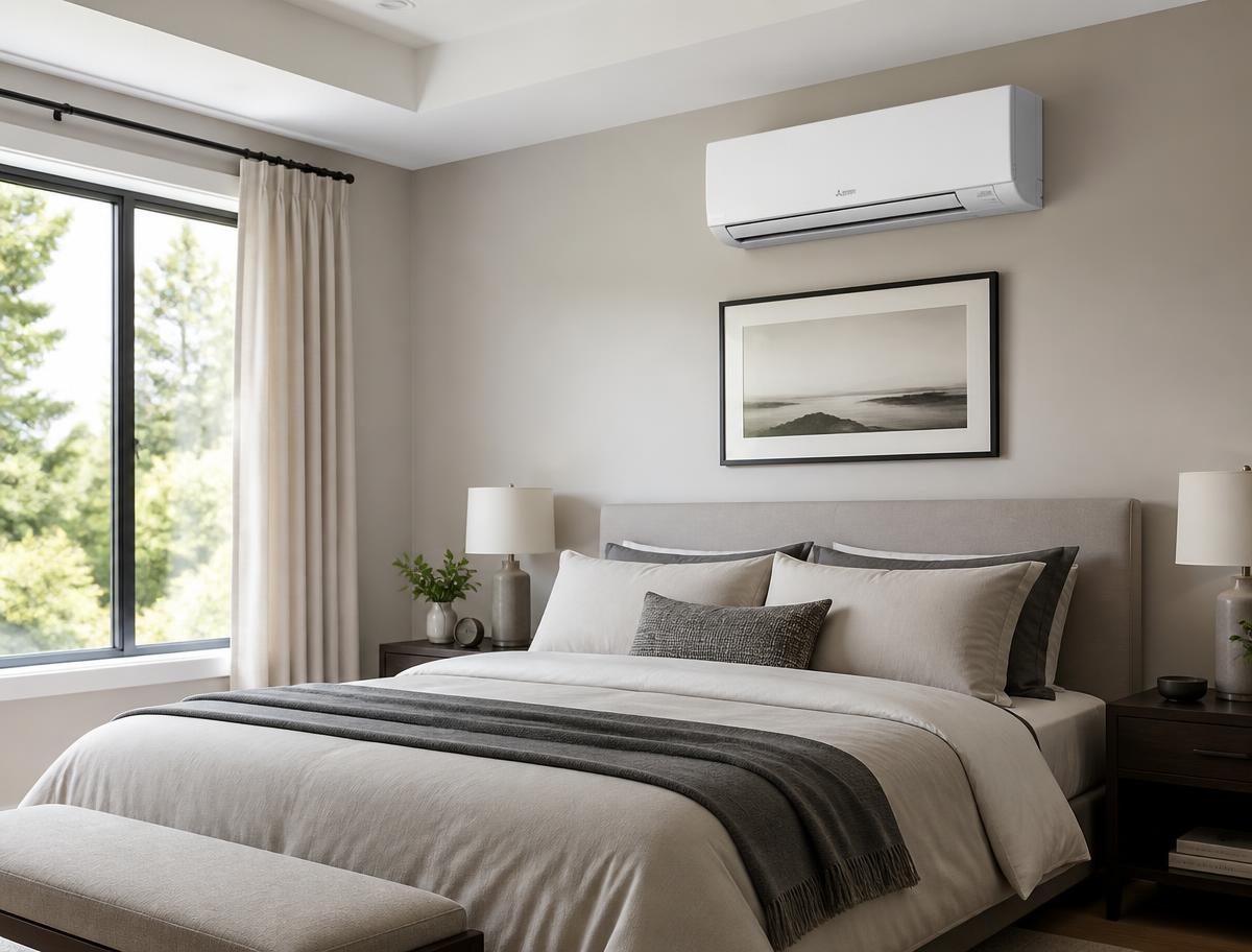 Modern bedroom with a wall-mounted split air conditioning unit