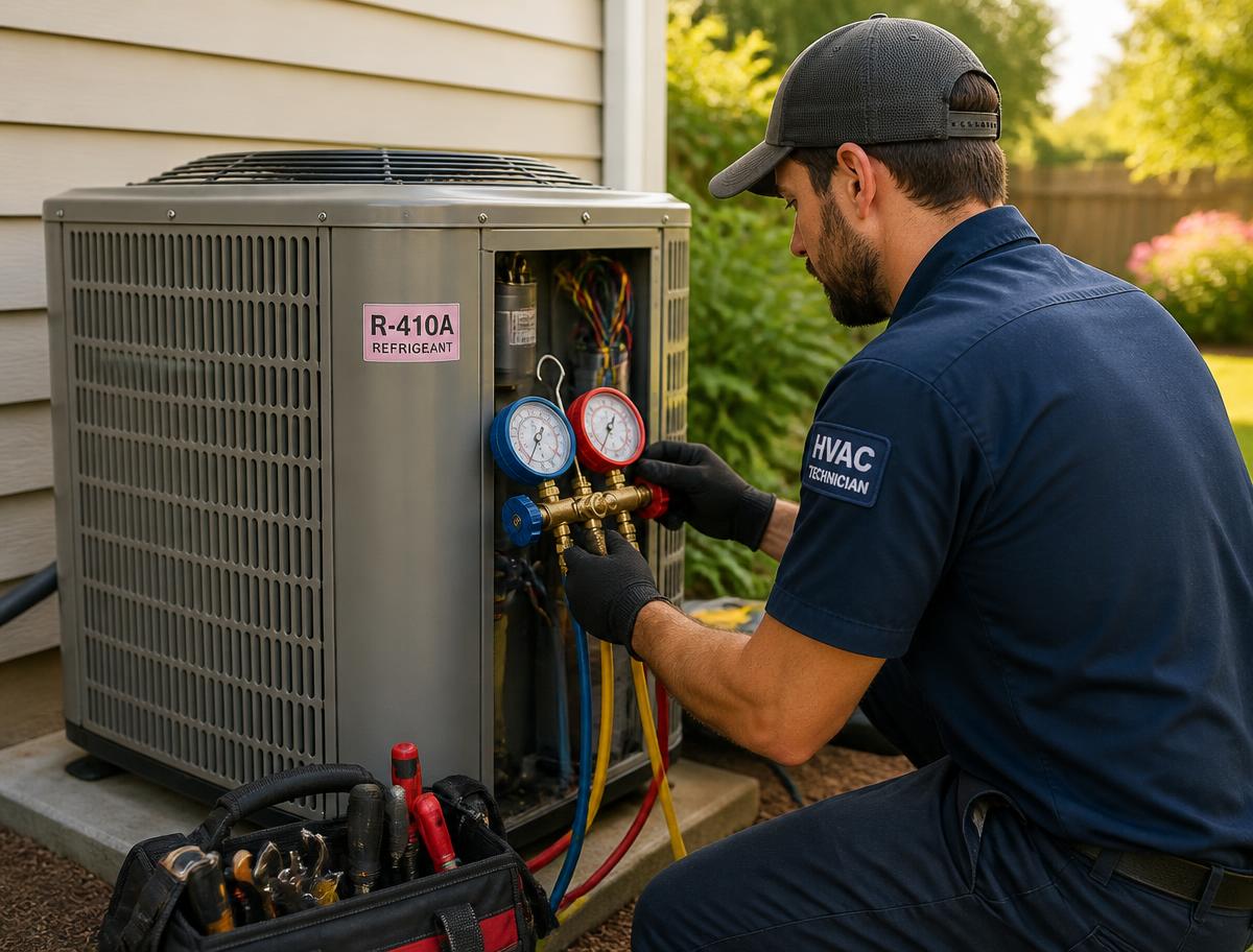 Technician checking refrigerant pressures on an outdoor air conditioning condenser